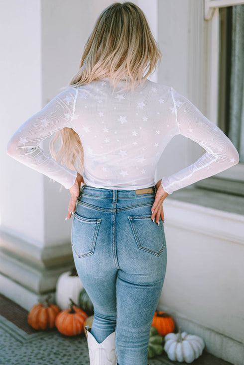 Star Embellished Sheer Mesh Long Sleeve Top